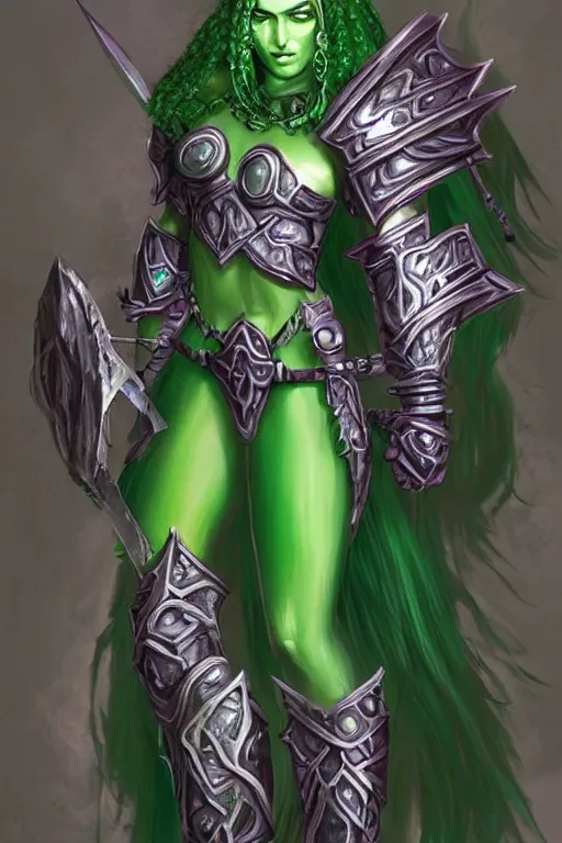 Image similar to world of warcraft concept art, barbarian warrior woman, green hair, heavy silver armor, with amethysts gemstone details