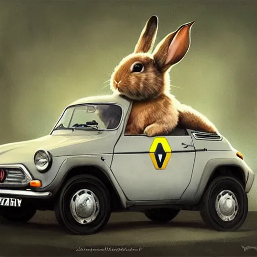 Prompt: a bunny driving a renault r 4, elegant, highly detailed, digital painting, artstation, concept art, matte, sharp focus, highly detailed, 4 k, hdr, smooth, sharp focus, high resolution, award - winning photo, photorealistic, art by artgerm and greg rutkowski and alphonse mucha, large shot