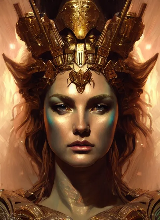 Image similar to the goddess hera looking angry, armour made of paper, volumetric lights, dystopian, intricate, elegant, highly detailed, digital painting, artstation, concept art, smooth, sharp focus, symmetric face, illustration, art by artgerm and greg rutkowski and alphonse mucha