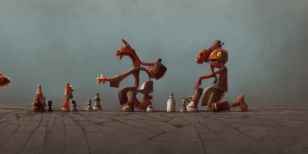 Image similar to two chess players by Simon Stalenhag and Goro Fujita, 8k, trending on artstation, hyper detailed, cinematic