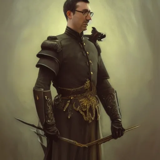 Image similar to portrait of stoic looking john oliver as in the vigo carpathian painting, military uniform, fantasy, intricate, elegant, beautiful, highly detailed, charcoal, centered, dark, smokey, digital painting, artstation, concept art, smooth, sharp focus, illustration, art by artgerm and greg rutkowski and alphonse mucha