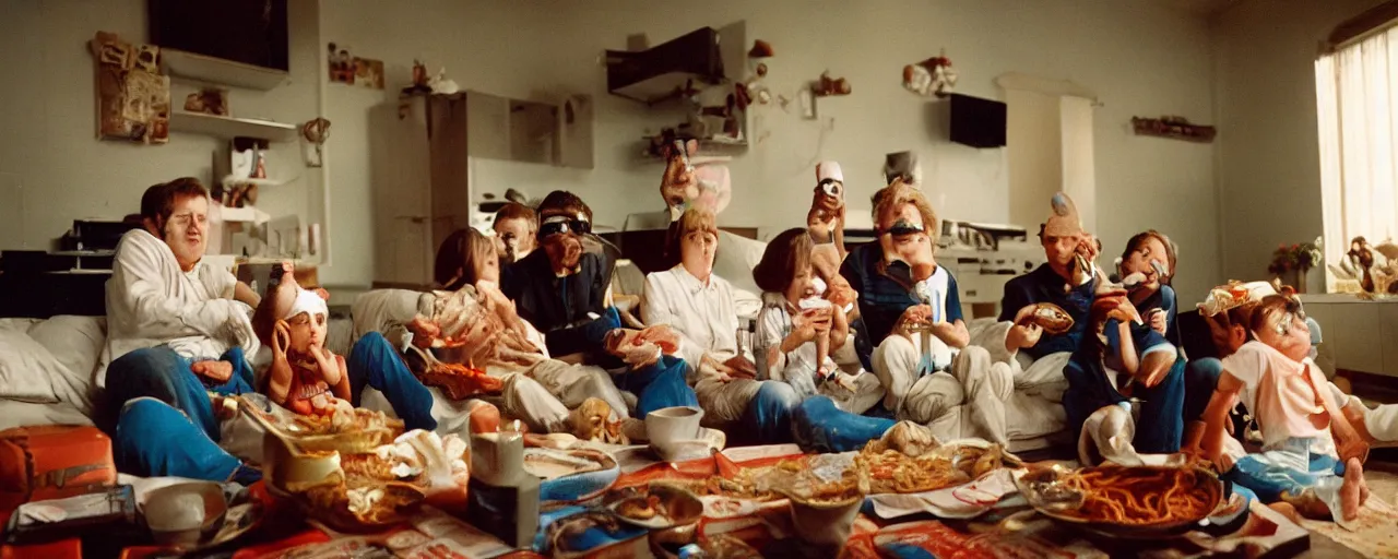 Image similar to a family watching the moon landing on tv, eating spaghetti, in the style of steve mccurry, canon 5 0 mm, wes anderson film, kodachrome, retro