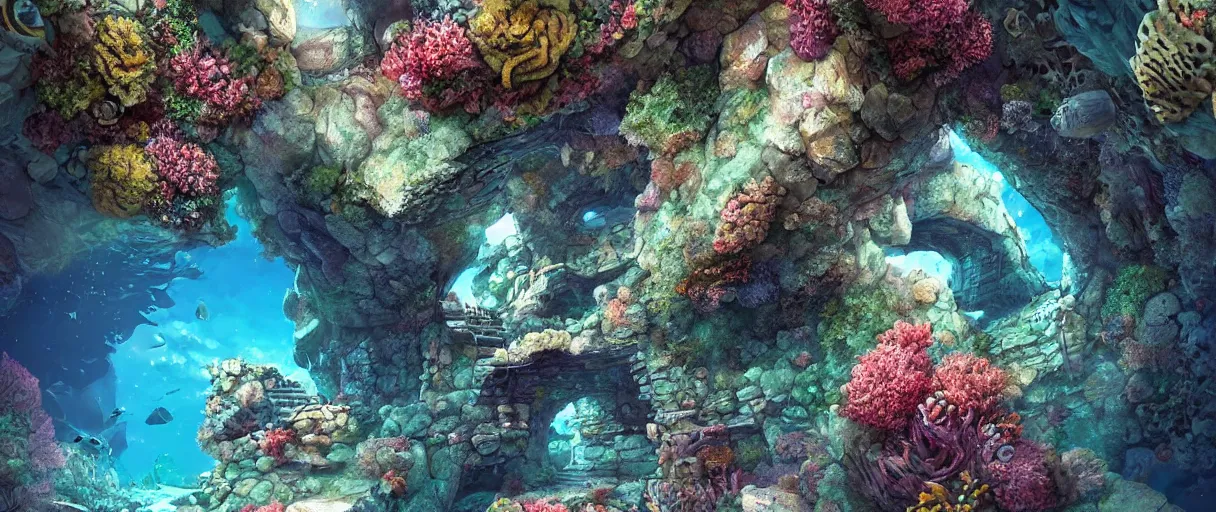 Image similar to a beautiful illustration of a an underwater first person perspective shot looking up a stone staircase leading to an ancient stone archway covered in coral and sea life that leads to with aaahh!!! Real monsters pouring out of it by James Gurney and beeple | Time White: .3 | cinematic lighting | unreal engine