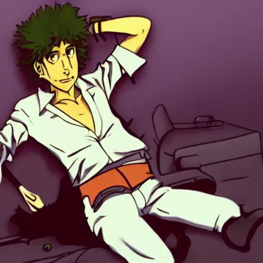 Prompt: Bandaged Spike Spiegel bebop wakes up from hospital in the style of the Cowboy Bebop