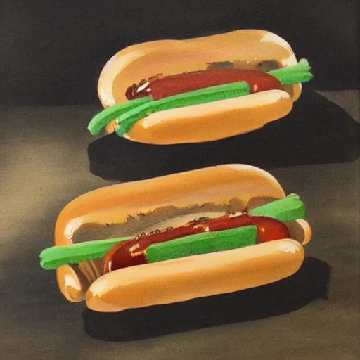 Prompt: high quality vintage brush painting of hot dog and coke by sakano ue no tamura maro