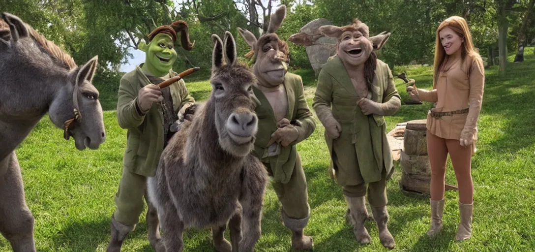 Image similar to behind the scenes photo of shrek, fiona and donkey taking a break in - between filming scenes. movie sound - set. green screen. director reviewing footage. donkey smoking a cigar.