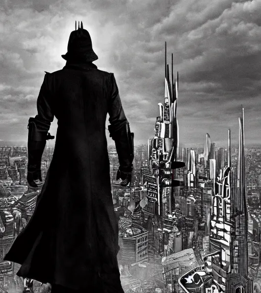 Prompt: hd pro epic 4k wideangle unreal movie photo of gunslinger standing near darktower dramatic Leica Zeiss cinematic noir frank Miller giger trending on Flickr artstation