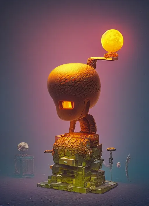 Prompt: blockchain headquater nendroid ginoid by zdzislaw beksinski, hajime sorayamam, matt groening and rembrandt, bone plants, the moon is big an in the city, glowing paper lanterns, high fashion, magic details, hd, 8 k, trending on artstation, uhd