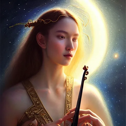 Prompt: a high quality life like portrait of a very very beautiful! celestial goddess of life playing a mysterious violin and springing life into the universe, highly detailed, intricate, sharp focus, fantasy, cinematic lighting, dreamlike, exotic, mystery, realistic, trending on artstation, fantasy, by WLOP and greg rutkowski