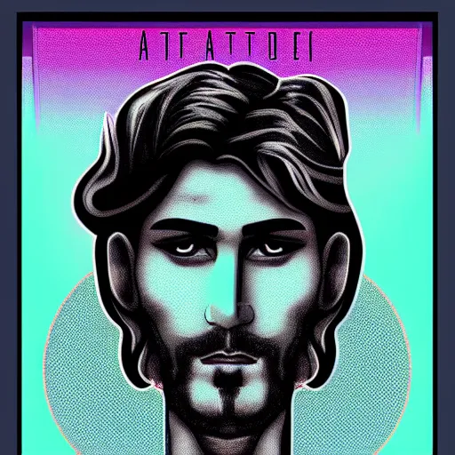 Image similar to a portrait of tattooed the beautiful greek god, in retro colors, synthwave style, 2 d digital vector art