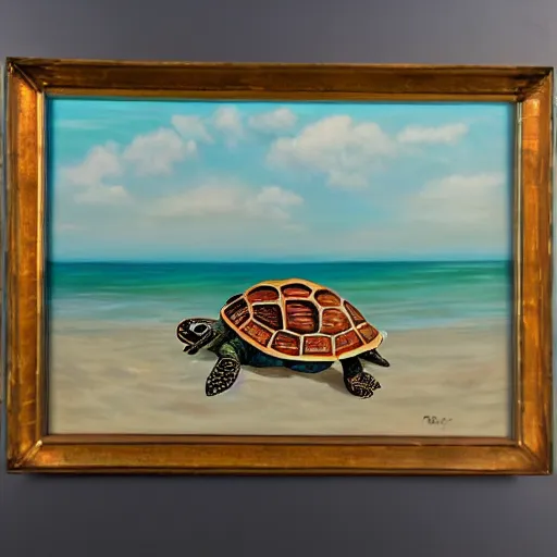 Image similar to a detailed painting of a turtle, all alone, on the beach, on a cloudy day