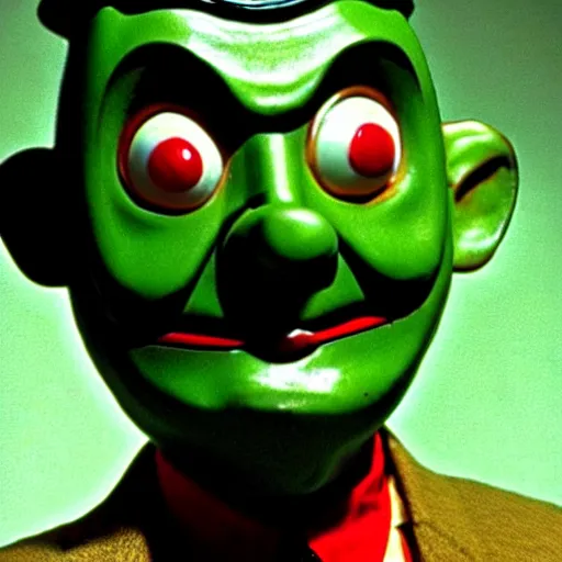 Prompt: mr. bean as the mask from the mask movie. movie still. cinematic lighting.