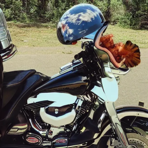 Prompt: Turkey on a Harley Davidson motorcycle, wearing a helmet, award-winning photography