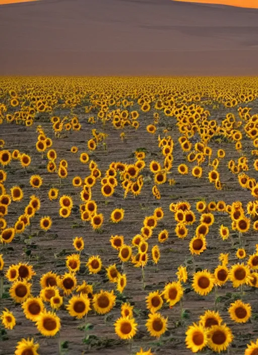 Image similar to an endless desert, only one sunflower in the middle of the desert, a moon in the sky
