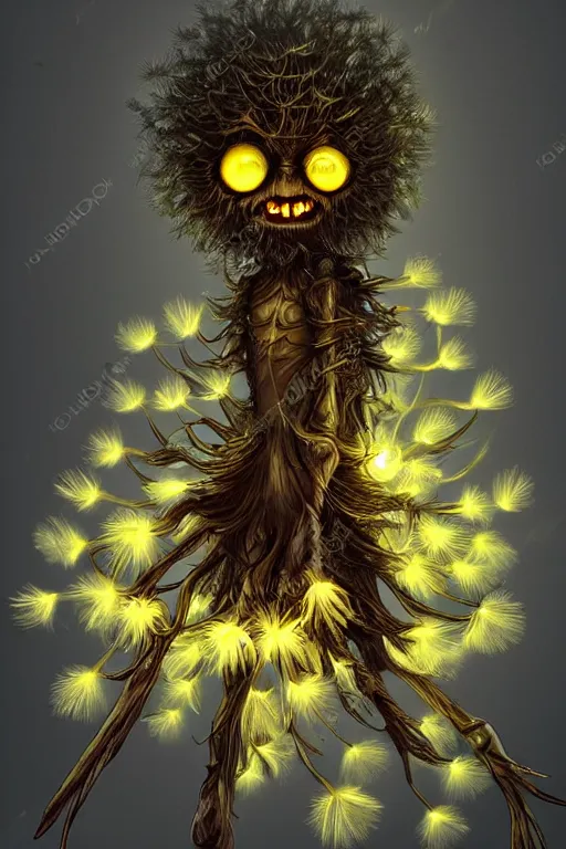 Image similar to a glowing humanoid figure dandelion monster with large glowing eyes, highly detailed, digital art, sharp focus, trending on art station, artichoke, anime art style