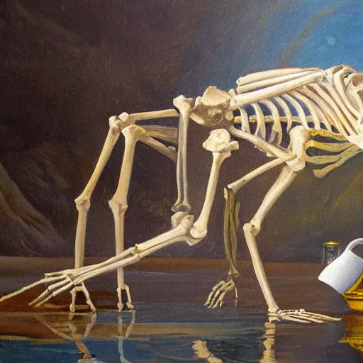 Image similar to oil painting of a skeleton wearing white robes scooping liquid out of a golden pond