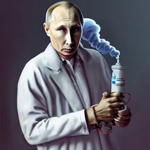 Prompt: hyperrealistic painting of very ill Vladimir Putin wearing an oxygen mask on a death bed inhaling white clubs of smoke from Copium tank, dimly lit hospital room, d&d, stunning 3d render inspired art by Tim Okamura and Lise Deharme + perfect facial symmetry + dim volumetric lighting, 8k octane beautifully detailed render, post-processing, extremely hyperdetailed, intricate, epic composition, grim yet sparkling atmosphere, cinematic lighting + masterpiece, trending on artstation, very very detailed, masterpiece, stunning