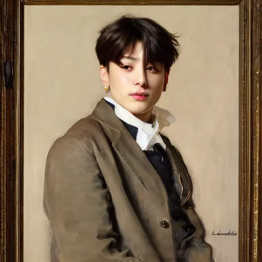 Prompt: jungkook of bts, face detail by theodore ralli and nasreddine dinet and anders zorn and nikolay makovsky and edwin longsden long,, painting by sargent and leyendecker and greg hildebrandt, high detail 8 k