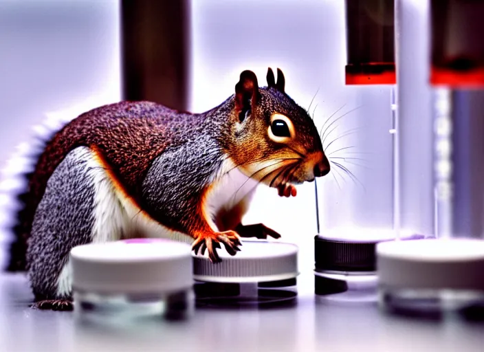 Prompt: film still of a squirrel working in a research lab filling test tubes, 8 k