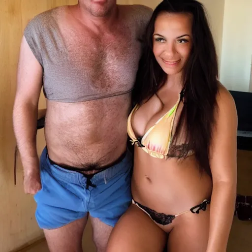 Image similar to photo of a 4 0 year old man that looks young for his age dating a very attractive 2 2 year old woman wearing a bikini. they in their apartment.