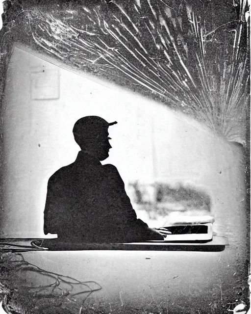 Image similar to 1 9 0 0 s photo of a person on a macbook pro old photo grain double exposure