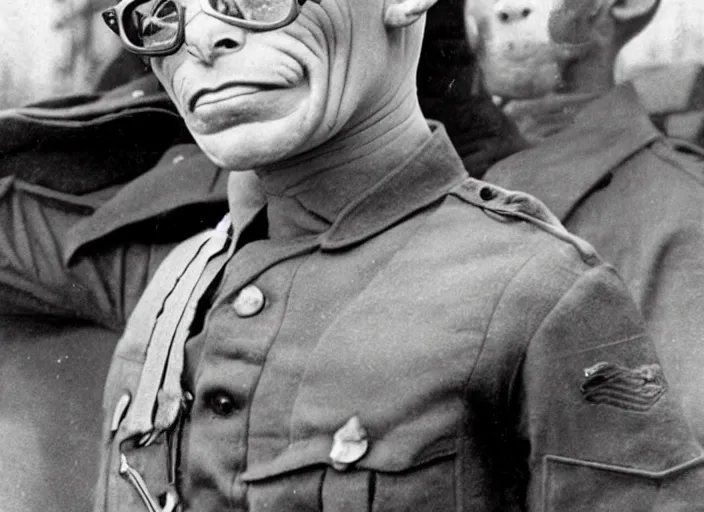 Image similar to hairless sphynx cat as a soldier in ww 2