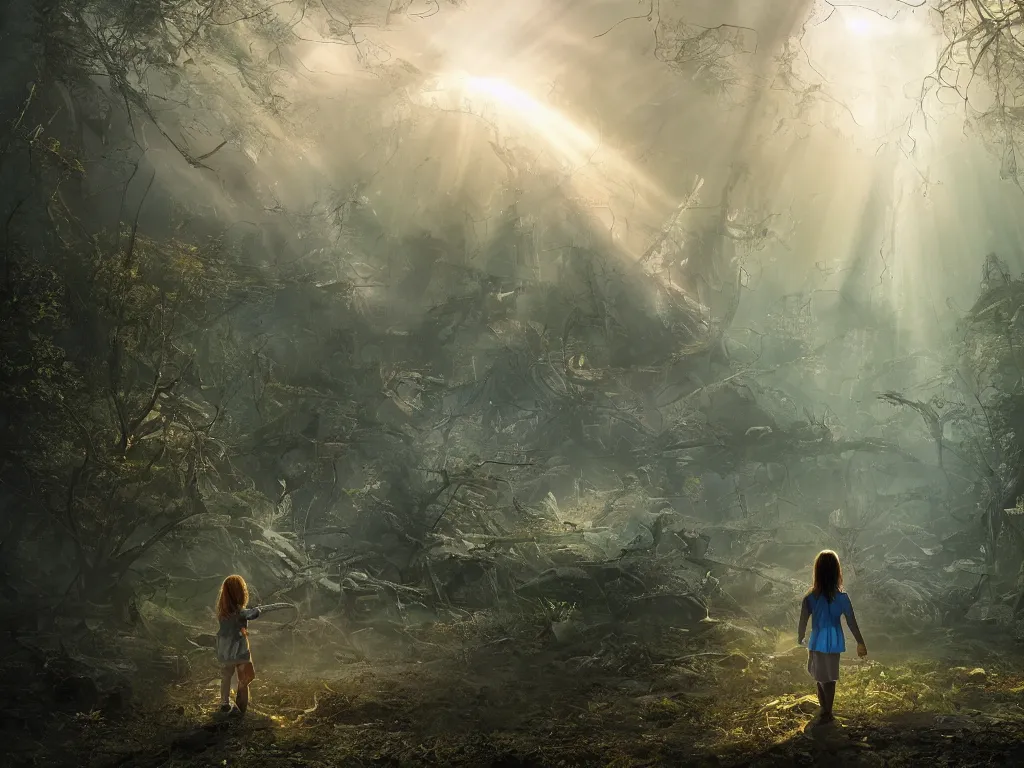 Image similar to the great beyond, sci - fi scene future new york, little girl holding a hand of a big robot, forest punk, crepuscular rays, epic scene, hyper realistic, photo realistic, overgrowth, cinematic atmosphere, ethereal lighting