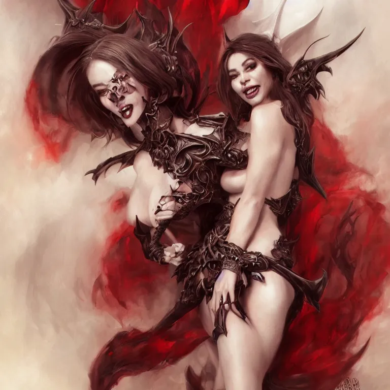 Prompt: Portrait of Sofia Vergara as a beautiful pale laughing succubus maiden with dark wings, nimbus, and devil's horns, red lighting, masterpiece 4k digital illustration by Ruan Jia and Mandy Jurgens and Artgerm, highly detailed, trending on artstation, award winning