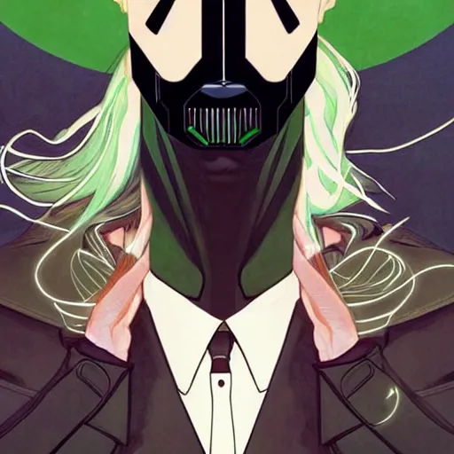 Image similar to Joshua Middleton comic art, wide shot, handsome elegant male Nikola Tesla, futuristic spy, kabuki mask, beautiful evil sneer, symmetrical face, symmetrical eyes, leather clothing and boots, long straight green black hair, full body, Indigo occult pattern