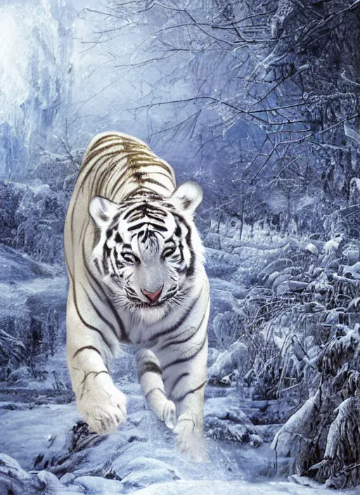 Prompt: White tiger walking in ice, science fiction, high detail, blizzard