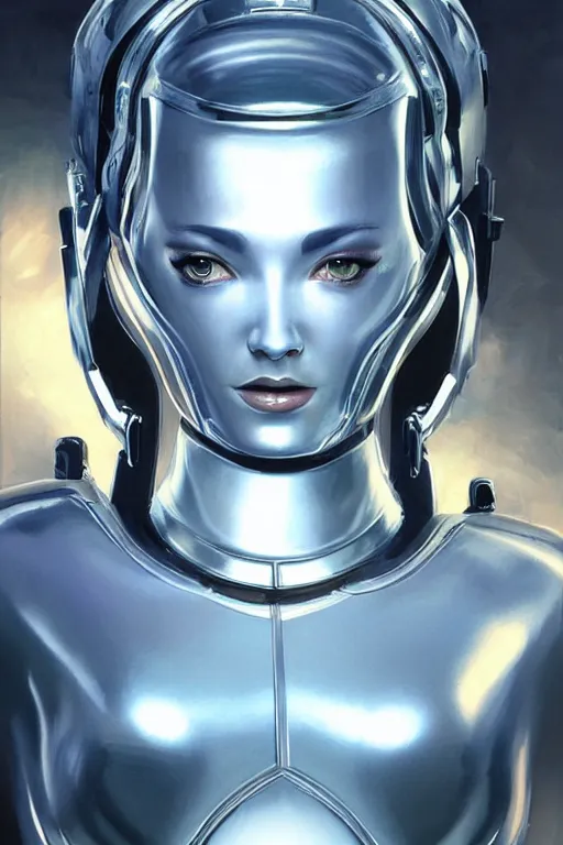 Image similar to retro-futuristic female android in chrome armour, facial portrait, rim light, ornate pattern, painting by vincent di fate, artgerm julie bell beeple, Smooth gradients, High contrast, depth of field, very coherent symmetrical artwork