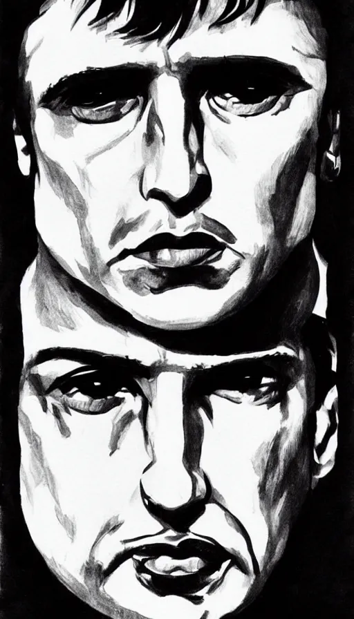 Image similar to close up. perfect symmetric face, coherent symmetric eyes. detailed face. tony montana from movie scarface. ink paint