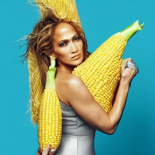 Image similar to full body photo of jennifer lopez, she is wearing the funniest fashion cry costume of corn on a cob, studio lighting, corn on a cob everywhere