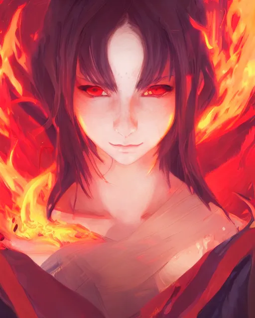 Image similar to red eyed anime girl, flames everywhere, highly detailed, digital painting, artstation, concept art, smooth, sharp focus, illustration, art by artgerm and greg rutkowski and alphonse mucha