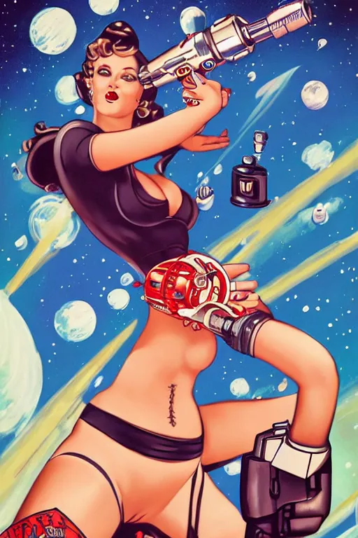 Image similar to old school, traditional style flashes of pinup girl in space holding a lazer pistol by sailor jerry, marina goncharova, vic james, electric martina, heath clifford, filip henningsson, kimi vera