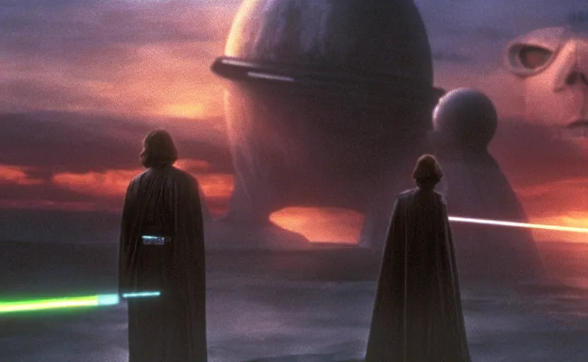 Image similar to iconic wide cinematic screen shot of luke skywalker facing a female sith lord, standing with a view of coruscant at sunset, from the thrilling scene from the 1 9 9 0 s sci fi film directed by stanley kubrick, moody cinematography, foggy volumetric lighting, hyper detailed scene, anamorphic lenses 2 4 mm, lens flare, award winning