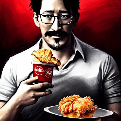 Image similar to Markiplier eating a KFC zinger, closeup, D&D style, fantasy, intricate, elegant, highly detailed, digital painting, artstation, concept art, matte, sharp focus, illustration, art by Artgerm and Greg Rutkowski and Alphonse Mucha