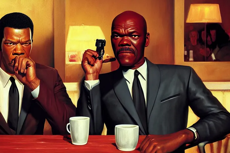 Image similar to painting pulp fiction movie highly detailed full - body samuel l jackson and john travolta posing in cafe, perfect symmetrical eyes, by eddie mendoza and tyler edlin, 8 k resolution, digital art, hyper realistic