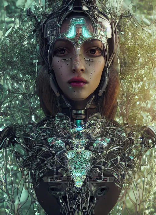 Prompt: beautiful female robot covered by plants and crystals in the mystical forest, beautiful symmetrical face, chrome parts, opal crystals, renaissance style, cyber punk, sci - fi, filigree jewellery, baroque, cinematic light, mystical shadows, 8 k, octane render