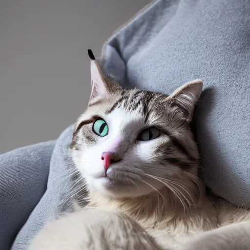 Image similar to portrait of cat unicorn relaxing on pillow, 5 0 mm soft room lighting