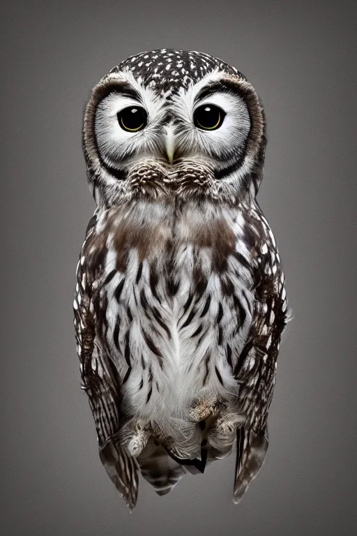 Image similar to cute little owl wearing black biker jacket, portrait photo, backlit, studio photo, muted color swirls background, owl wearing jacket