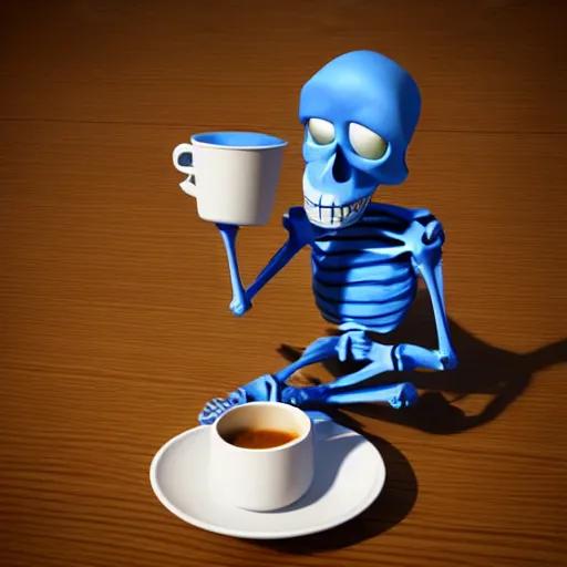 Image similar to 3d render pixar cartoon skeleton drinking a cup of coffee hd octane render