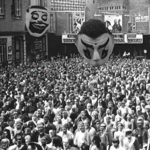 Image similar to an old black and white photo of a large crowd with distorted clown masks,