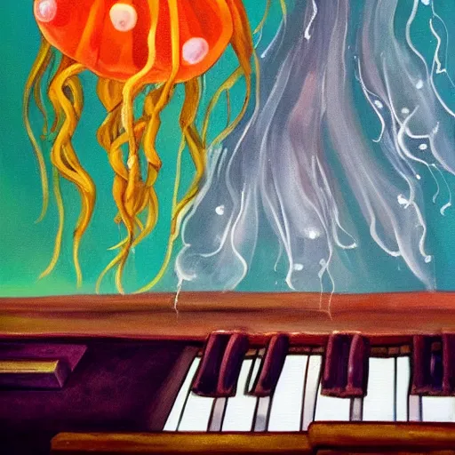 Prompt: a painting of a jellyfish playing the piano on stage in the spotlight