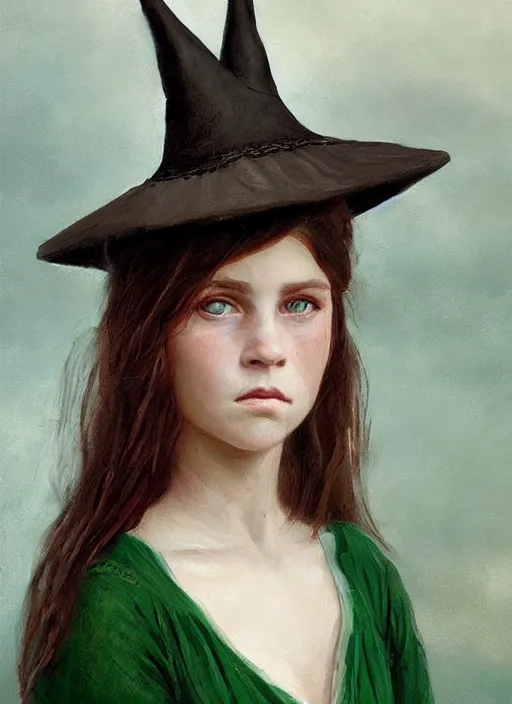 Image similar to a portrait of a thirteen year old girl with brown hair and a stern expression. she is wearing a green dress and a black pointed witch hat. beautiful painting with highly detailed face by greg rutkowski and raymond swanland