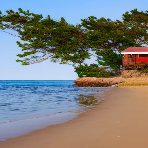 Prompt: small house on an island beach, gentle waves