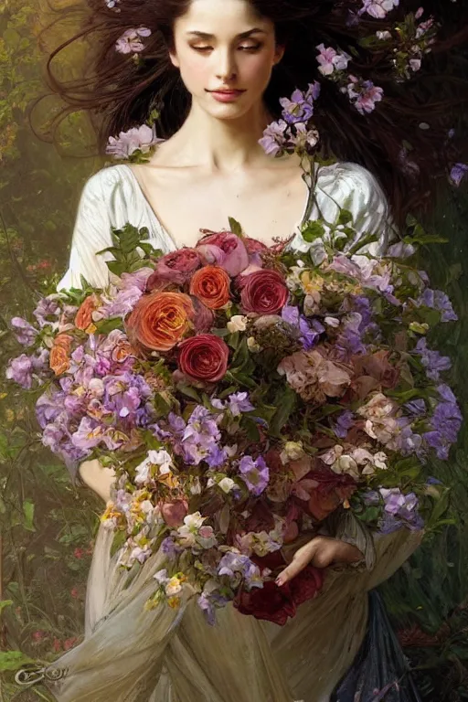 Image similar to portrait of a beautiful mysterious woman holding a bouquet of flowing flowers, hands hidden under the bouquet, fantasy, regal, intricate, by stanley artgerm lau, greg rutkowski, thomas kindkade, alphonse mucha, loish, norman rockwell