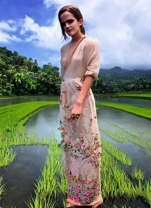 Prompt: emma watson wearing kebaya bali in bali. temple lake rice field ocean. front view. instagram closeup holiday photo shoot, perfect faces, beautiful