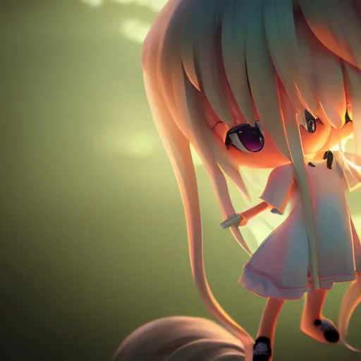 Prompt: cute fumo plush of a girl with a big heart, very long and unkempt hair, stylized pbr, subsurface scattering, outline glow, blob monster anime, bokeh, vray