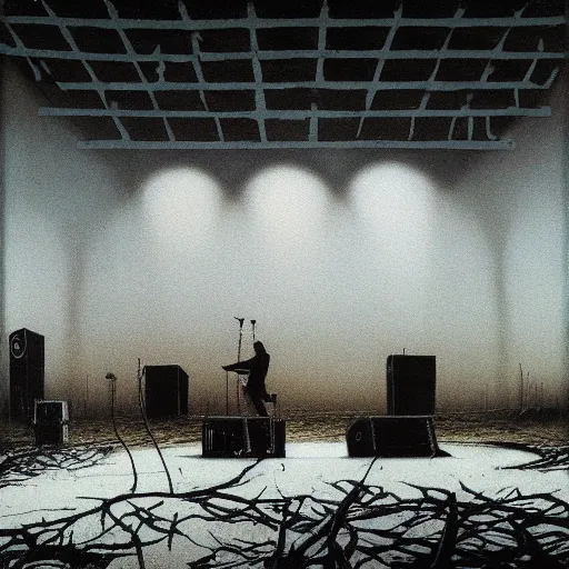 Prompt: concert photograph of death grips, dj ride, death grips, playing a concert in a desolate brutalist wasteland, painted by zdzislaw beksinski